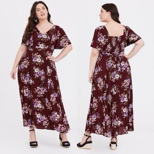 Torrid Red Wine Floral Gauze Maxi Dress Plus Size 2 2X Smocked M Slit V Neck